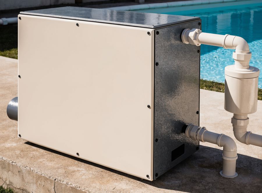 A residential natural gas pool heater on its equipment pad. Illustrative photograph.